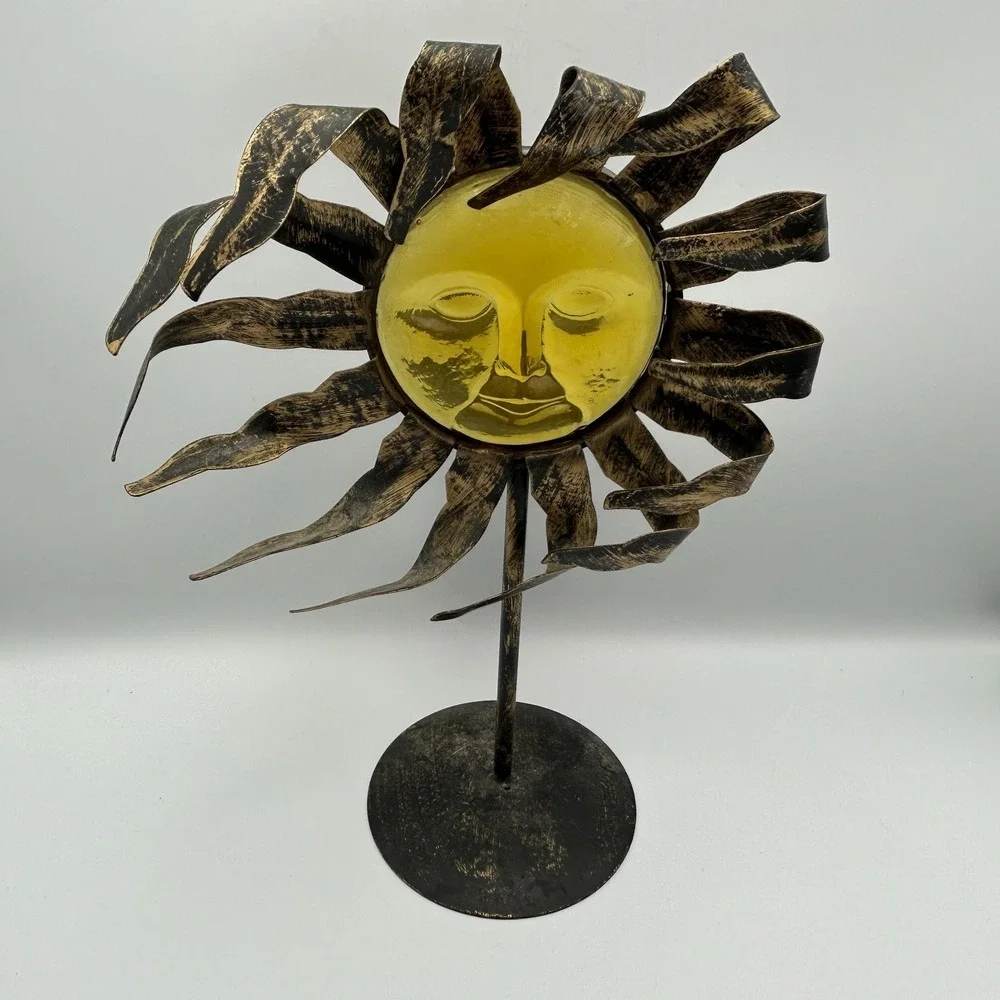 Celestial Sun 90s Y2K Face Metal Bronze Candle Holder Stand Amber Glass Zodiac
